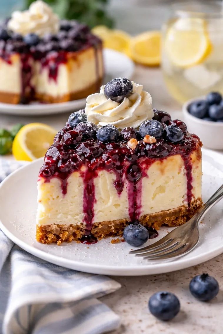 Weiße Schokolade Heidelbeer Käsekuchen mit frischen Heidelbeeren und cremiger Füllung