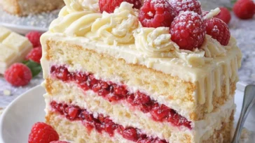 Weiße Schokolade Himbeer Traumkuchen auf einem Teller serviert