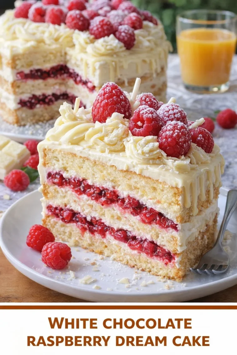 Weiße Schokolade Himbeer Traumkuchen auf einem Teller serviert