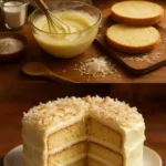 Weißer deutscher Schokoladenkuchen mit Sahne und Schokoladenglasur