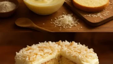 Weißer deutscher Schokoladenkuchen mit Sahne und Schokoladenglasur