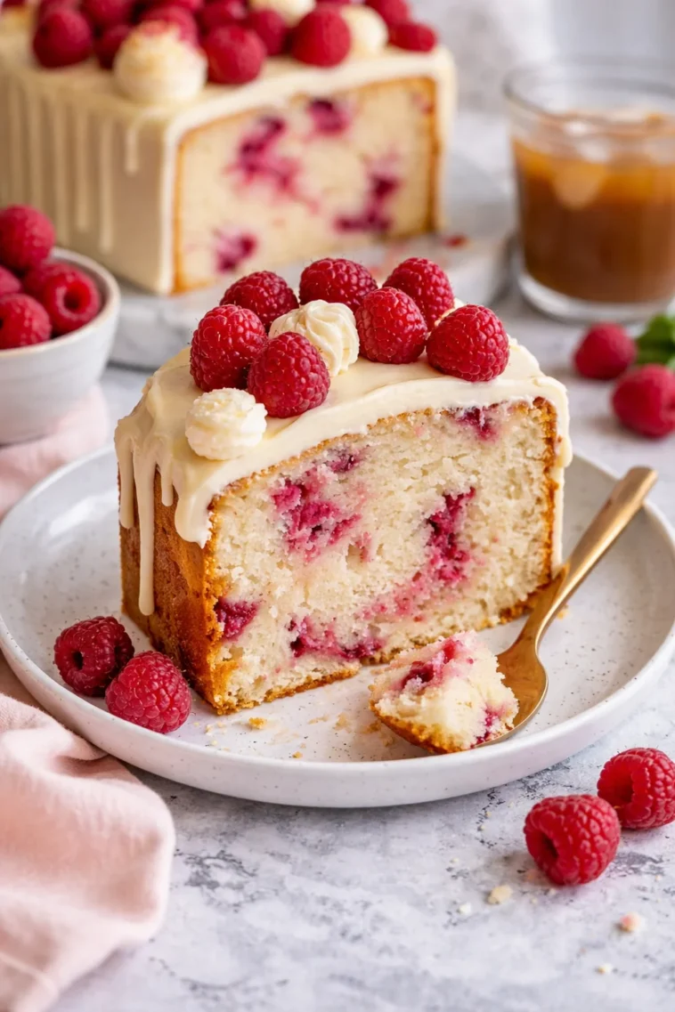 Weißer Schokoladen Himbeer Kuchen mit frischen Himbeeren und weißer Schokolade