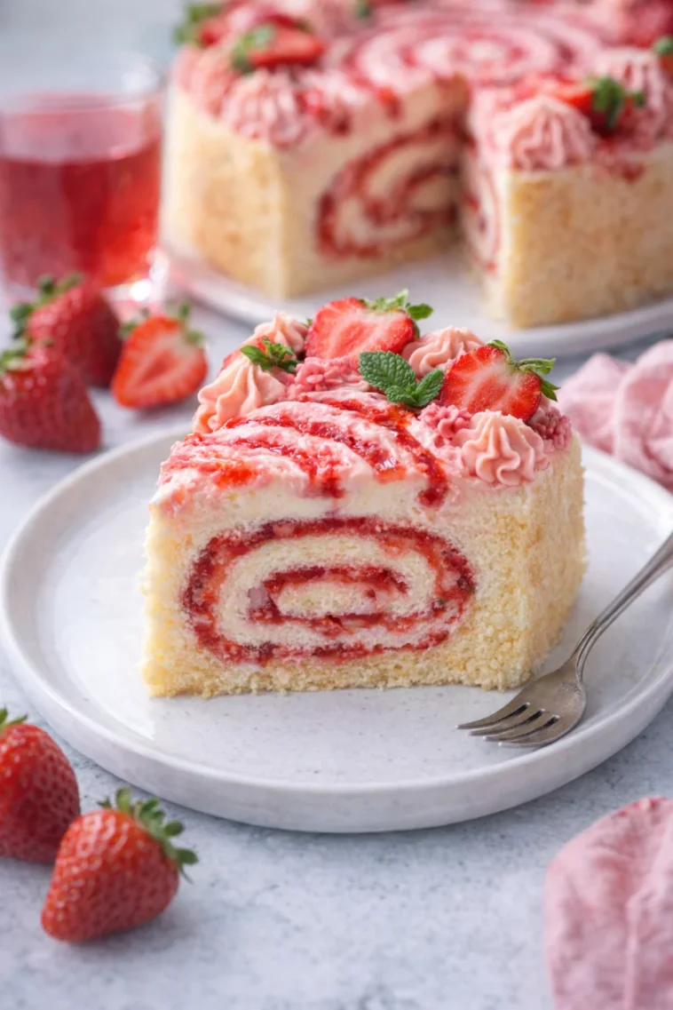 Wickeltorte mit Erdbeerkonfitüre und Sombrero Mexicano auf einem Teller