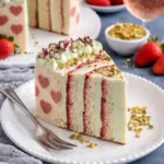 Wickeltorte mit Herzdekor und Pistazien-Buttercreme auf einem eleganten Teller.