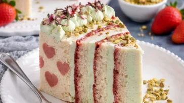 Wickeltorte mit Herzdekor und Pistazien-Buttercreme auf einem eleganten Teller.