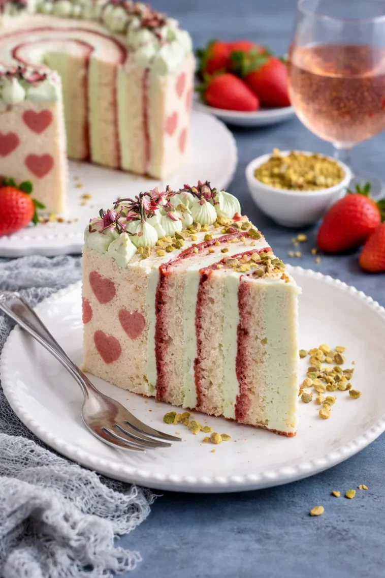 Wickeltorte mit Herzdekor und Pistazien-Buttercreme auf einem eleganten Teller.