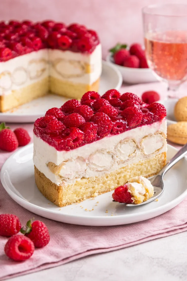 Windbeuteltorte mit Sahne und frischen Früchten dekoriert