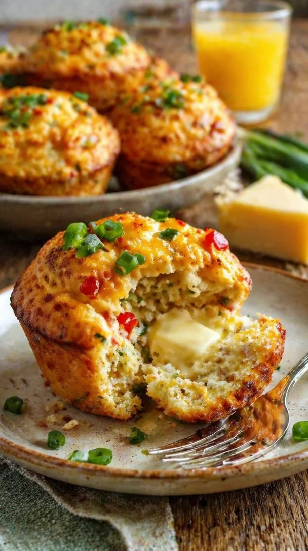 Würzige Hüttenkäse Muffins frisch gebacken auf einem Holzbrett