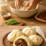 Zarte Rindfleisch-Bao-Brötchen auf einem Teller serviert