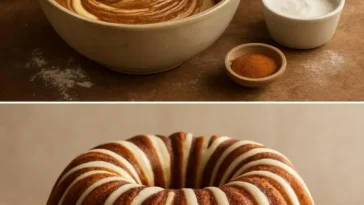 Zimt-Gugelhopf mit Wirbel aus Sauerrahm auf einem rustikalen Holztisch