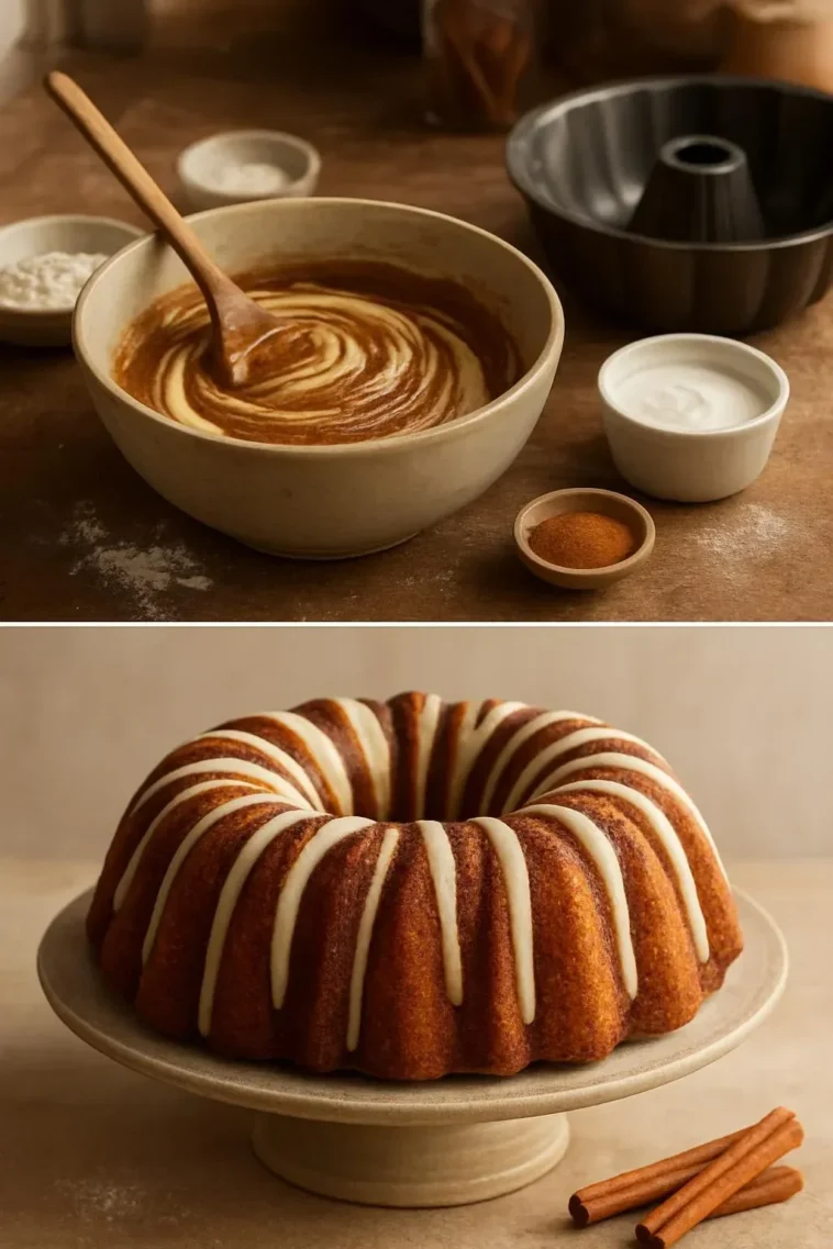 Zimt-Gugelhopf mit Wirbel aus Sauerrahm auf einem rustikalen Holztisch