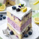 Zitronen-Blaubeer-Käsekuchen auf einem Teller mit frischen Beeren