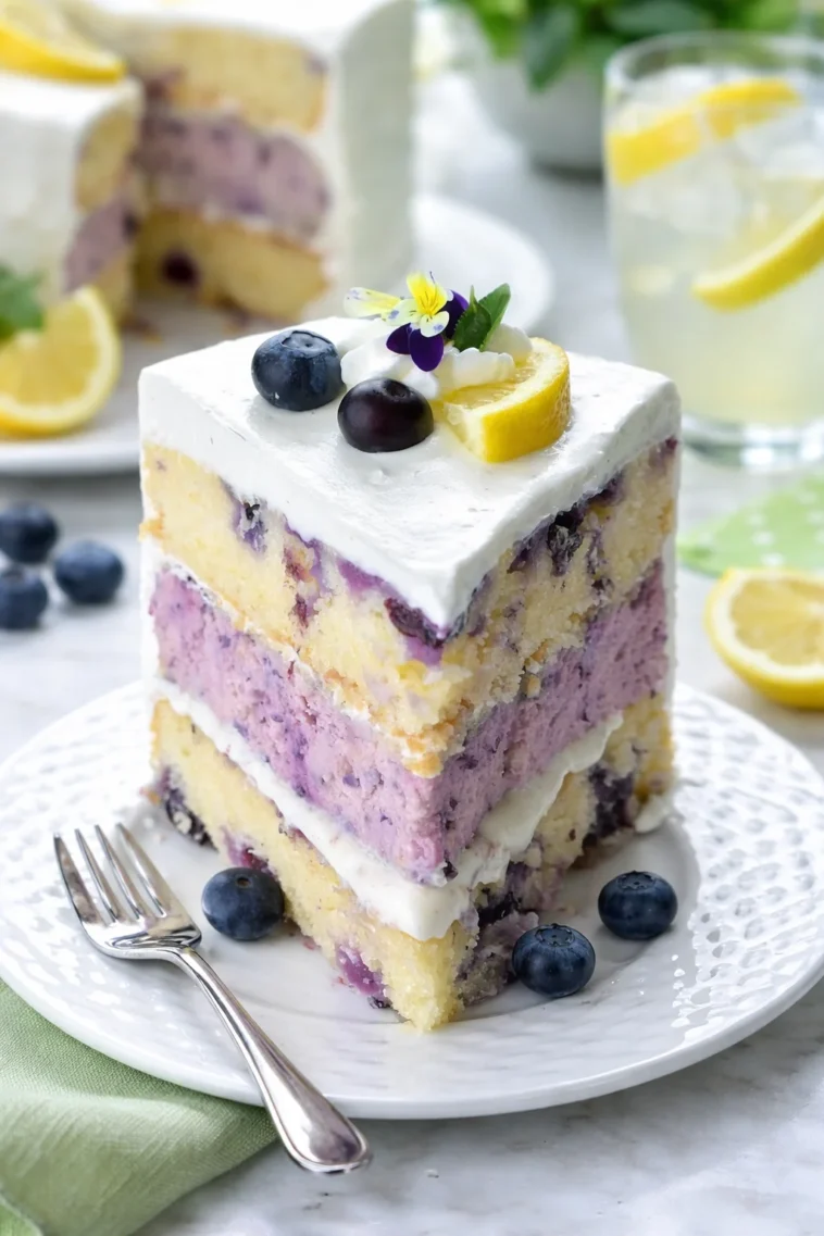 Zitronen-Blaubeer-Käsekuchen auf einem Teller mit frischen Beeren