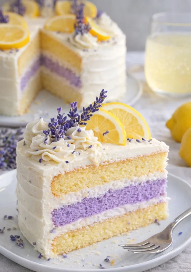 Zitronen-Lavendel-Kuchen auf einem Teller, dekoriert mit Lavendelblüten