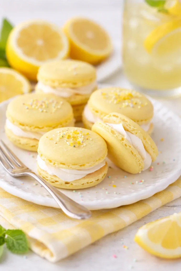 Zitronen-Macarons auf einem eleganten Teller präsentiert