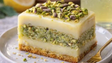 Zitronen-Pistazien-Milchkuchen: saftiger Kuchen mit Zitronengeschmack und Pistazien