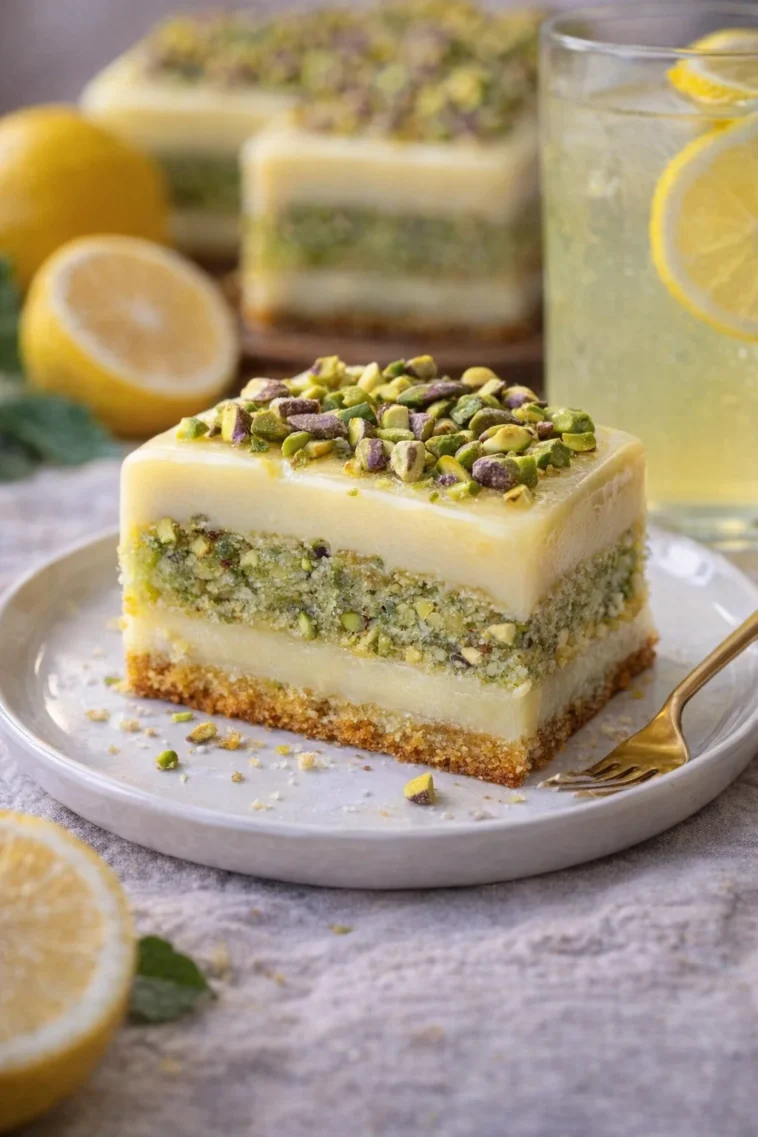 Zitronen-Pistazien-Milchkuchen: saftiger Kuchen mit Zitronengeschmack und Pistazien