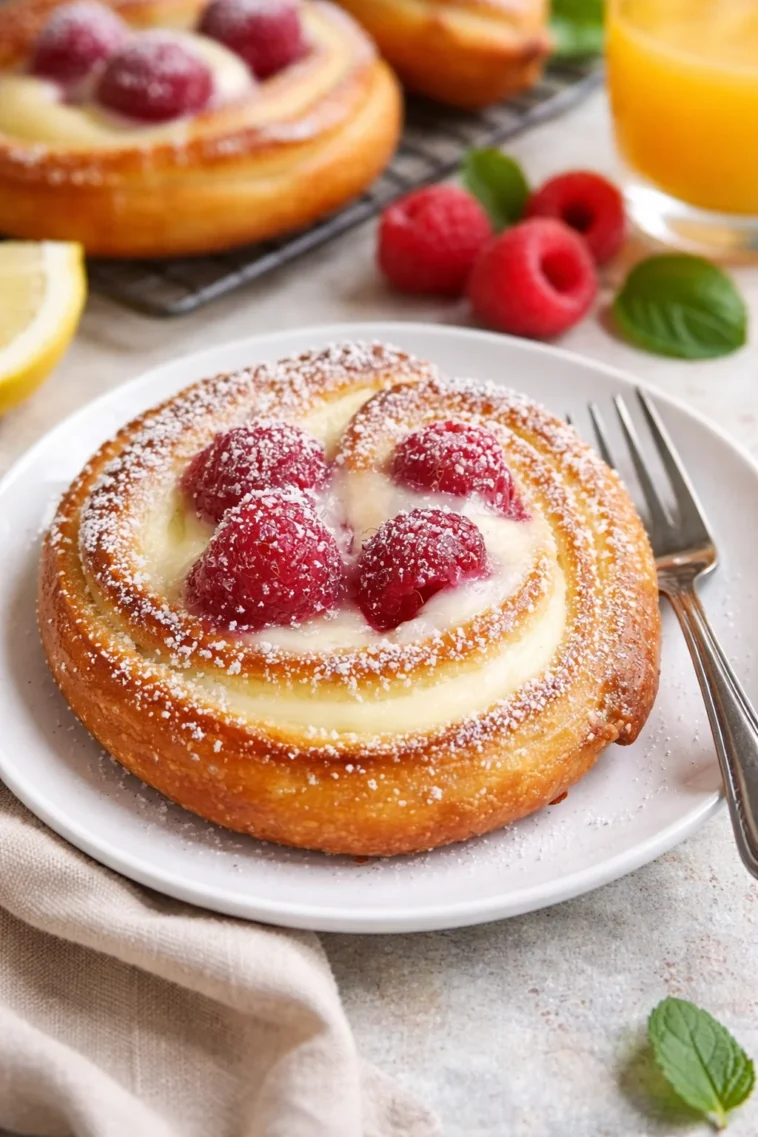 Frisch gebackenes Zucker-Himbeer-Danish mit reichhaltigem Himbeergeschmack