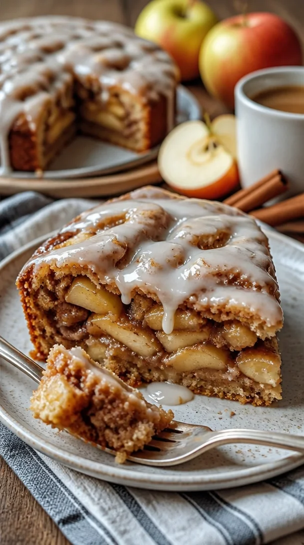 Apfel-Zimtschnecken-Kuchen mit Zimt und Äpfeln auf einem Teller serviert