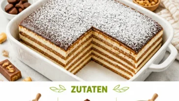 Snickers-Kuchen mit Schokolade und Erdnüssen, frisch gebacken und lecker.
