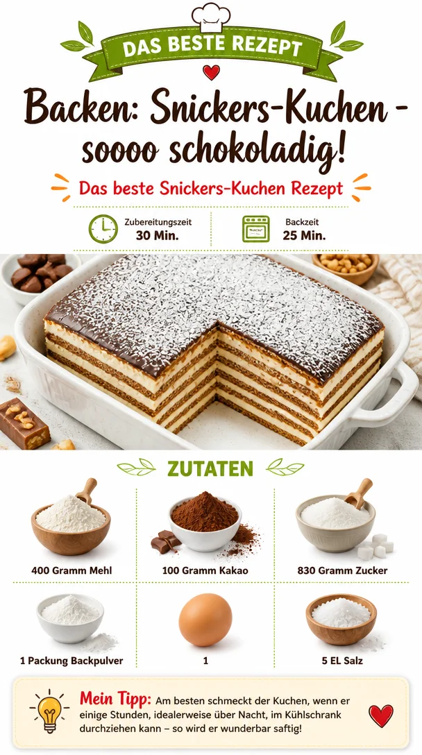 Snickers-Kuchen mit Schokolade und Erdnüssen, frisch gebacken und lecker.