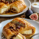 Baked Brie en Croûte mit Honig auf einem rustikalen Holzbrett serviert.