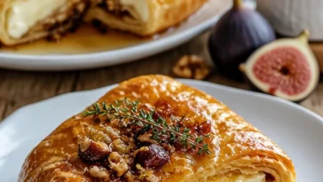 Baked Brie en Croûte mit Honig auf einem rustikalen Holzbrett serviert.