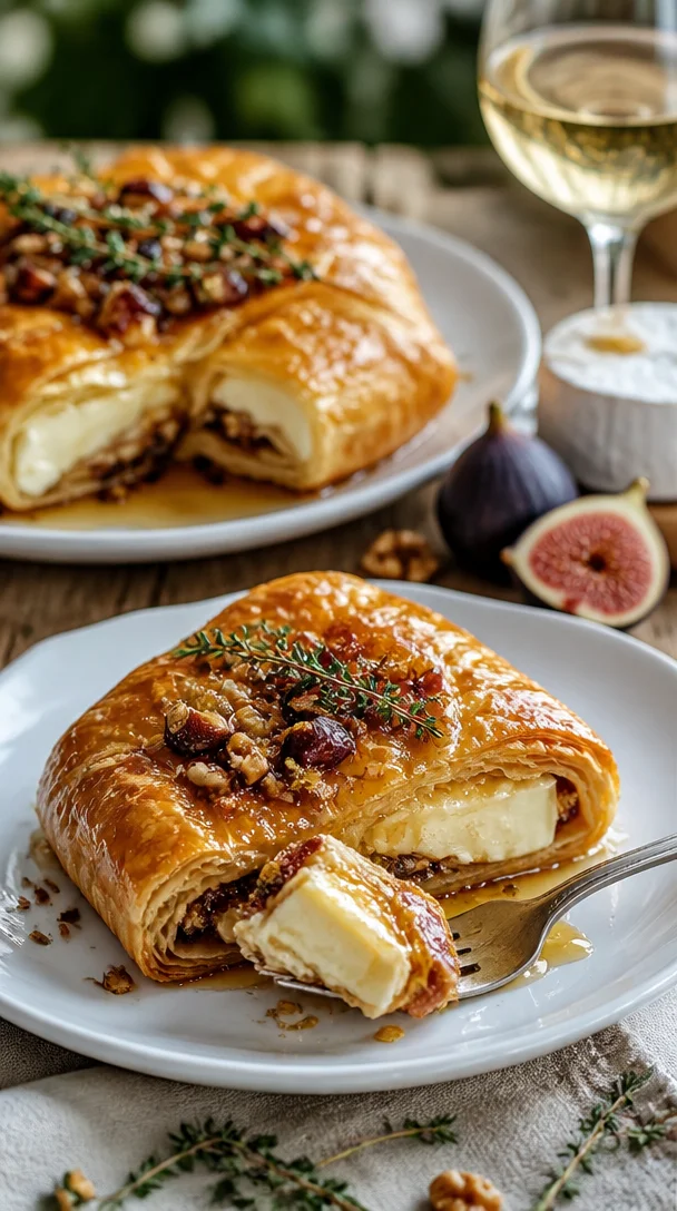 Baked Brie en Croûte mit Honig auf einem rustikalen Holzbrett serviert.