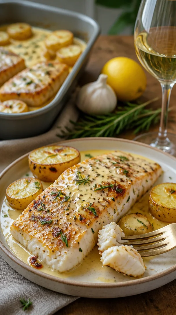 Gebackener Kabeljau mit Yukon-Kartoffeln und Rosmarin-Zitronen-Sauce