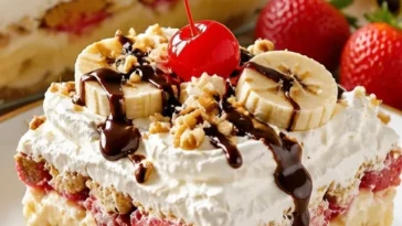 Leckeres Bananensplit-Dessert mit Eis und Früchten
