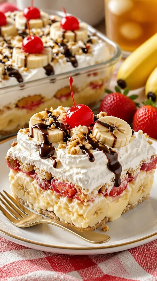 Leckeres Bananensplit-Dessert mit Eis und Früchten