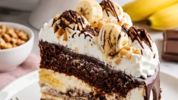 Bananensplit-Torte mit Bananen, Sahne und Schokoladensoße