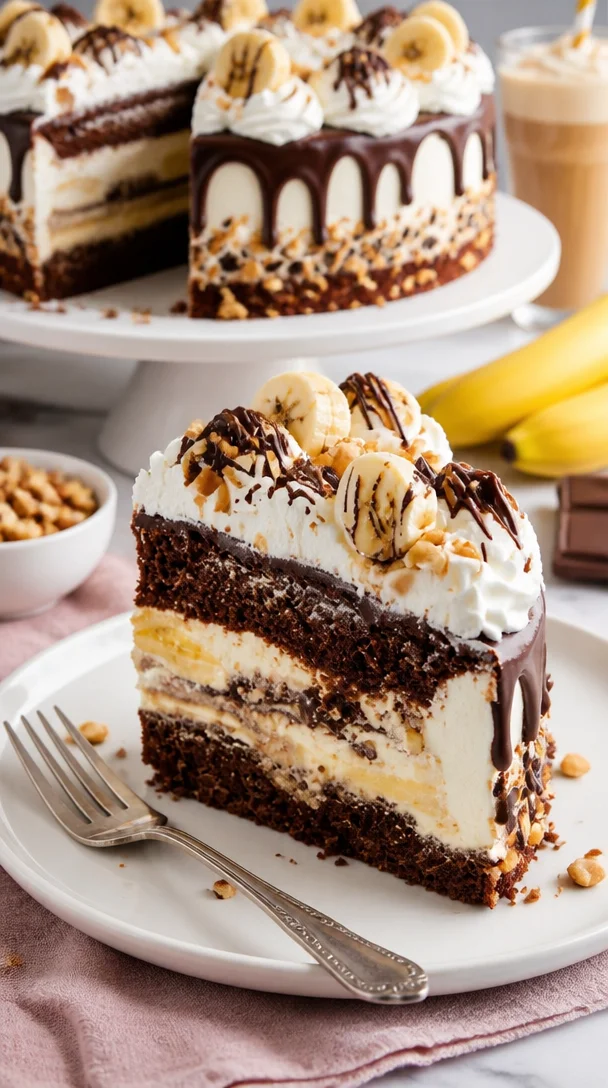 Bananensplit-Torte mit Bananen, Sahne und Schokoladensoße