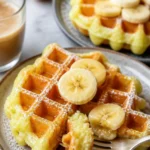 Leckere hausgemachte Bananenwaffeln serviert mit frischen Früchten