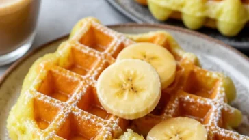 Leckere hausgemachte Bananenwaffeln serviert mit frischen Früchten