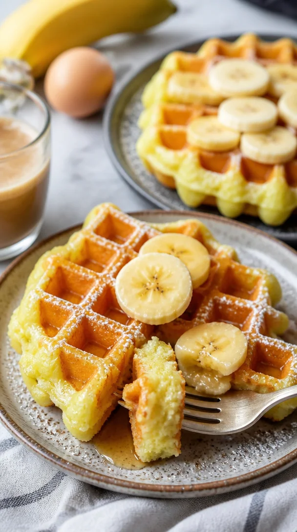 Leckere hausgemachte Bananenwaffeln serviert mit frischen Früchten