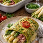 Bärlauch Pfannkuchen mit Spargel auf einem Teller angerichtet