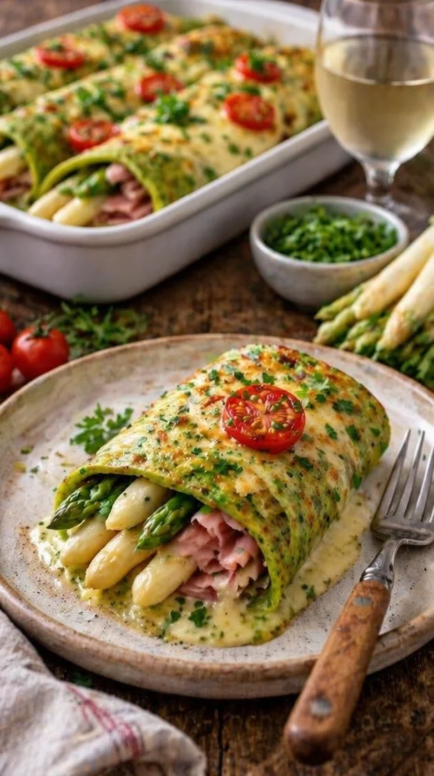 Bärlauch Pfannkuchen mit Spargel auf einem Teller angerichtet