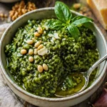 Hausgemachtes Bärlauchpesto in einem Glas, verziert mit Bärlauchblättern.