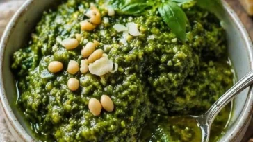 Hausgemachtes Bärlauchpesto in einem Glas, verziert mit Bärlauchblättern.