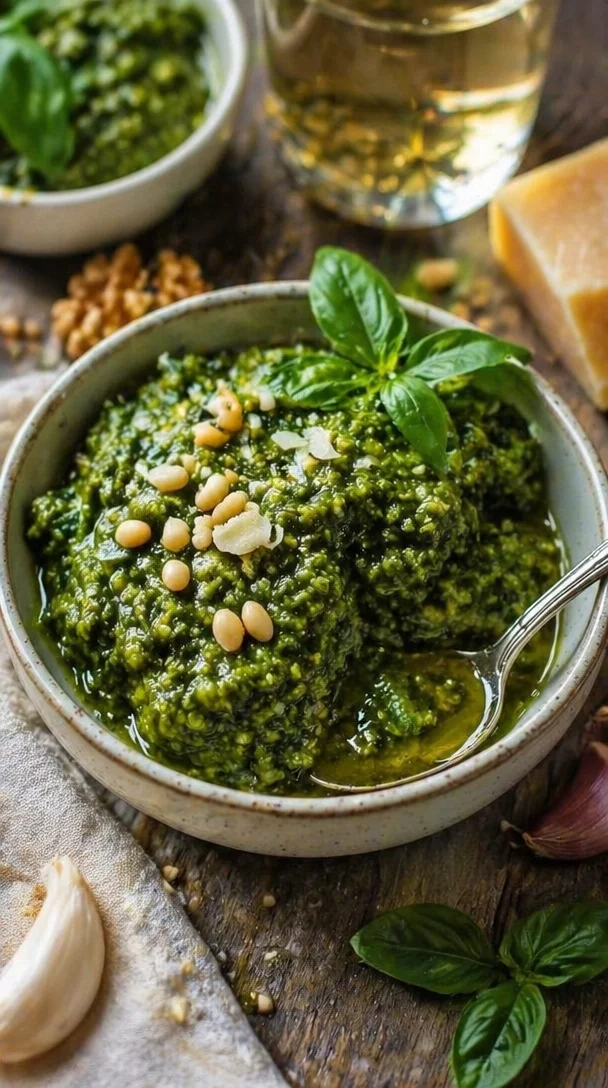Hausgemachtes Bärlauchpesto in einem Glas, verziert mit Bärlauchblättern.