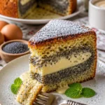Bester Mohnkuchen mit Pudding auf einem Teller, frisch gebacken.