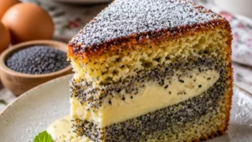 Bester Mohnkuchen mit Pudding auf einem Teller, frisch gebacken.