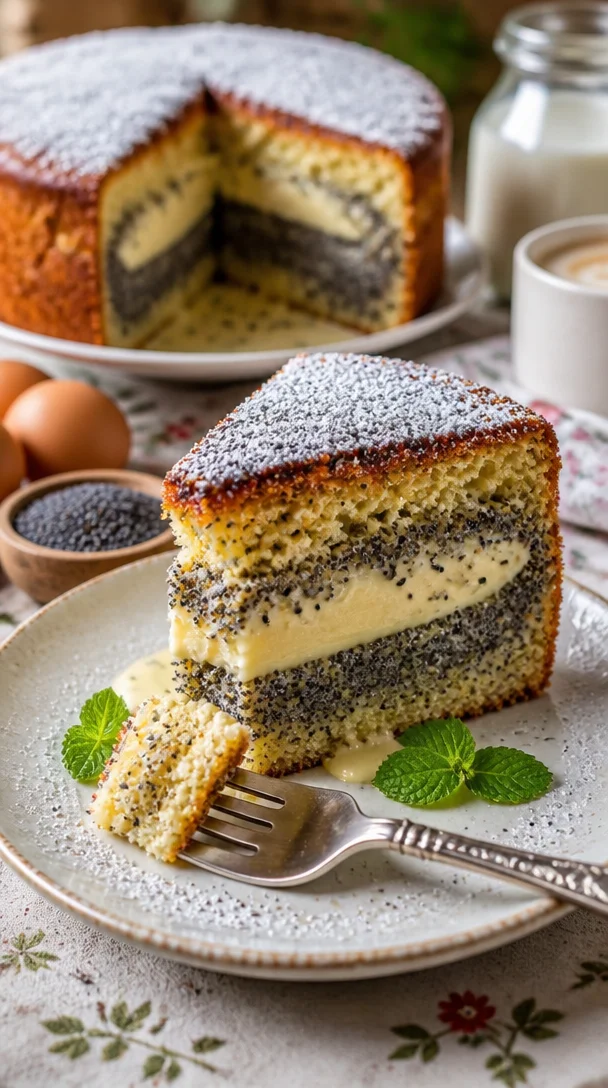 Bester Mohnkuchen mit Pudding auf einem Teller, frisch gebacken.