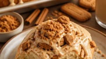 Biscoff-Kekse-Butter-Zimtschnecken auf einem hübschen Teller serviert
