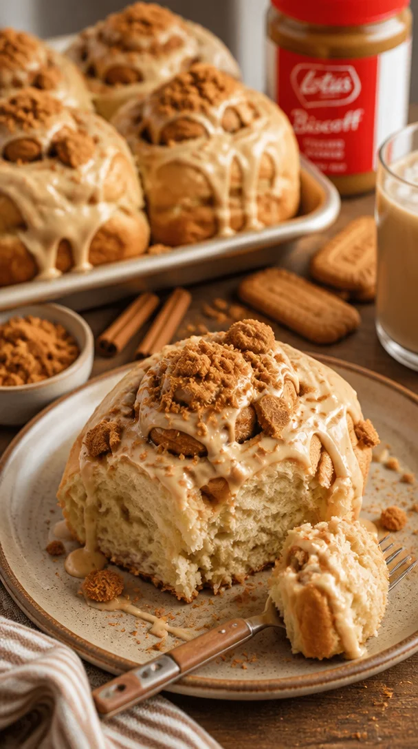 Biscoff-Kekse-Butter-Zimtschnecken auf einem hübschen Teller serviert