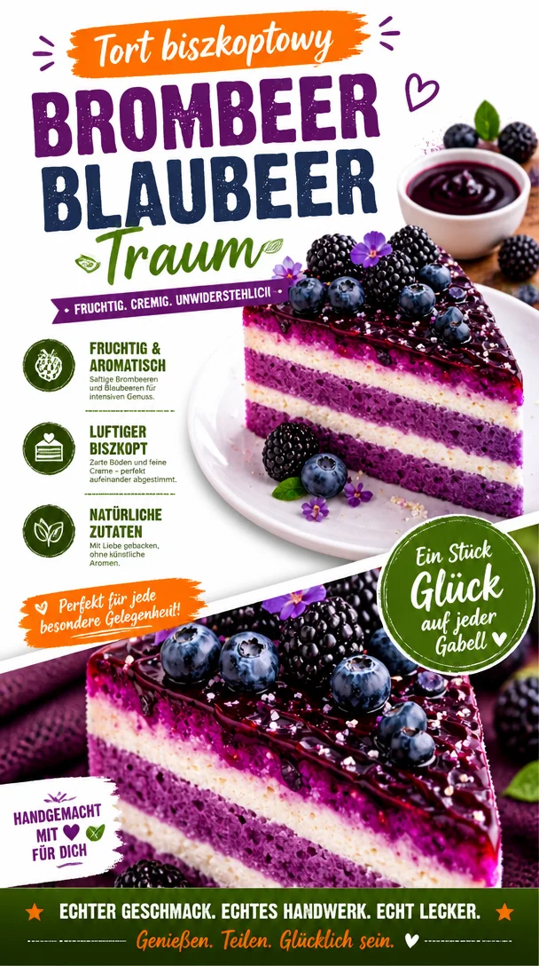 Luftiger Biskuitkuchen auf einem Teller, dekoriert mit frischen Früchten.