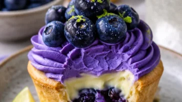 Blaubeer-Limetten-Käsekuchen-Cupcakes auf einem Teller
