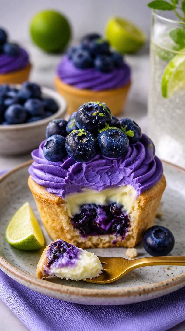 Blaubeer-Limetten-Käsekuchen-Cupcakes auf einem Teller