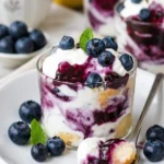 Leckeres Blaubeer Tiramisu im Glas ohne Ei und Alkohol, perfekt für den Sommer.